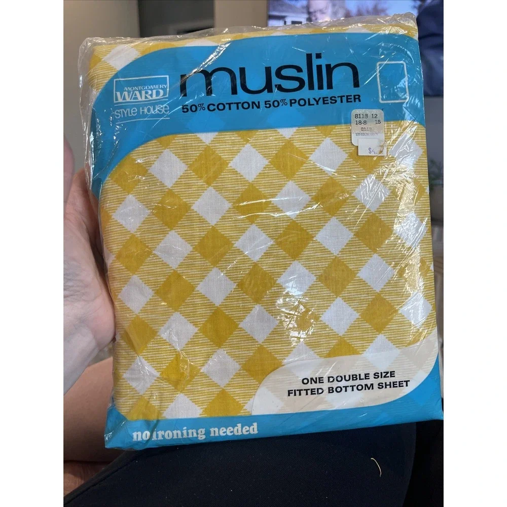 VTG One Double Size Fitted Bottom Sheet Retro 70s Yellow Checker Pattern